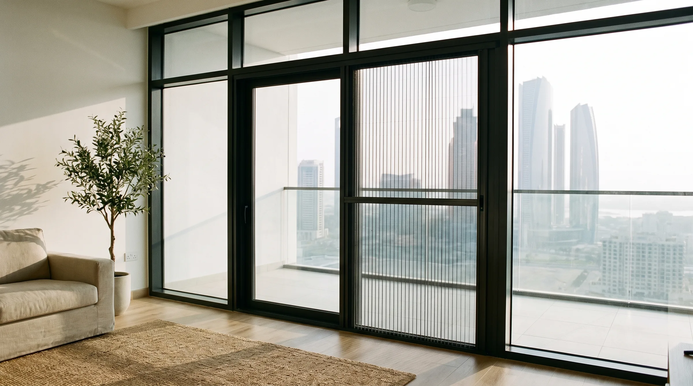 Apartment living room with pleated screens closed on the balcony doors