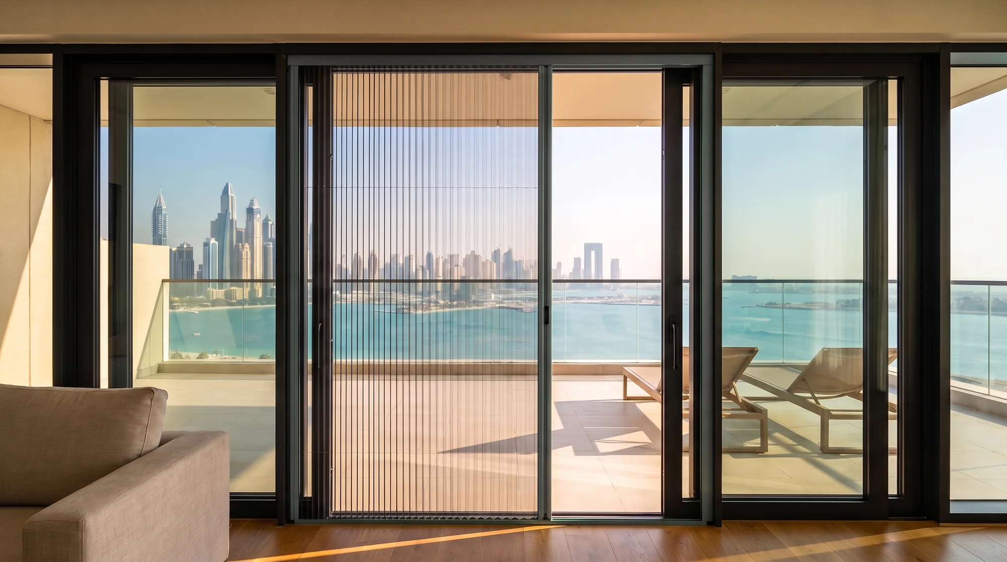 Apartment terrace door with a pleated mosquito screen, profile in the chosen colour