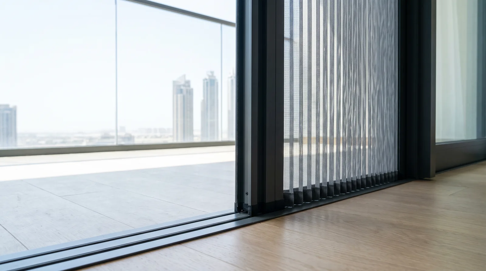 Pleated mosquito screen half open at a sliding door