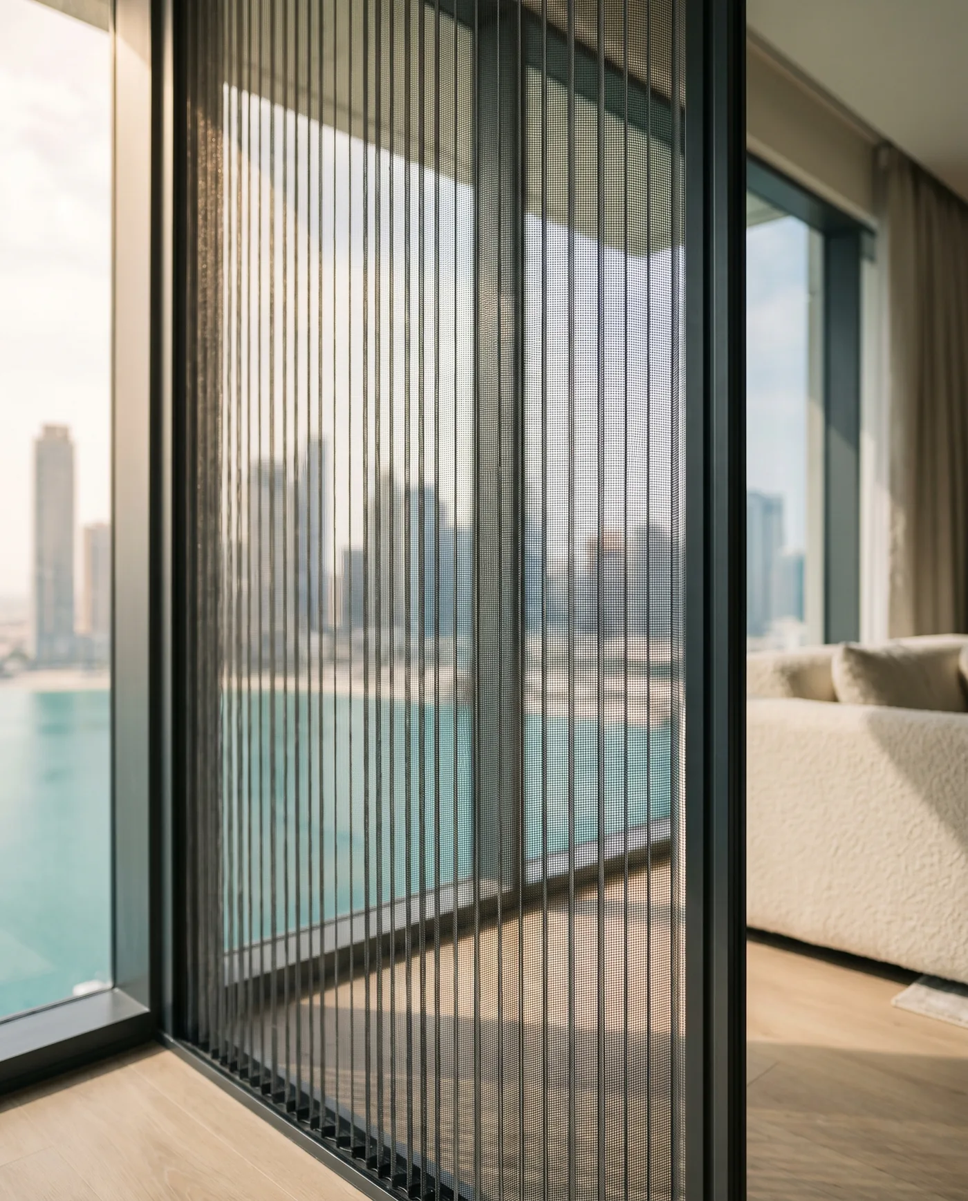 Pleated mosquito mesh close up with the Abu Dhabi skyline behind