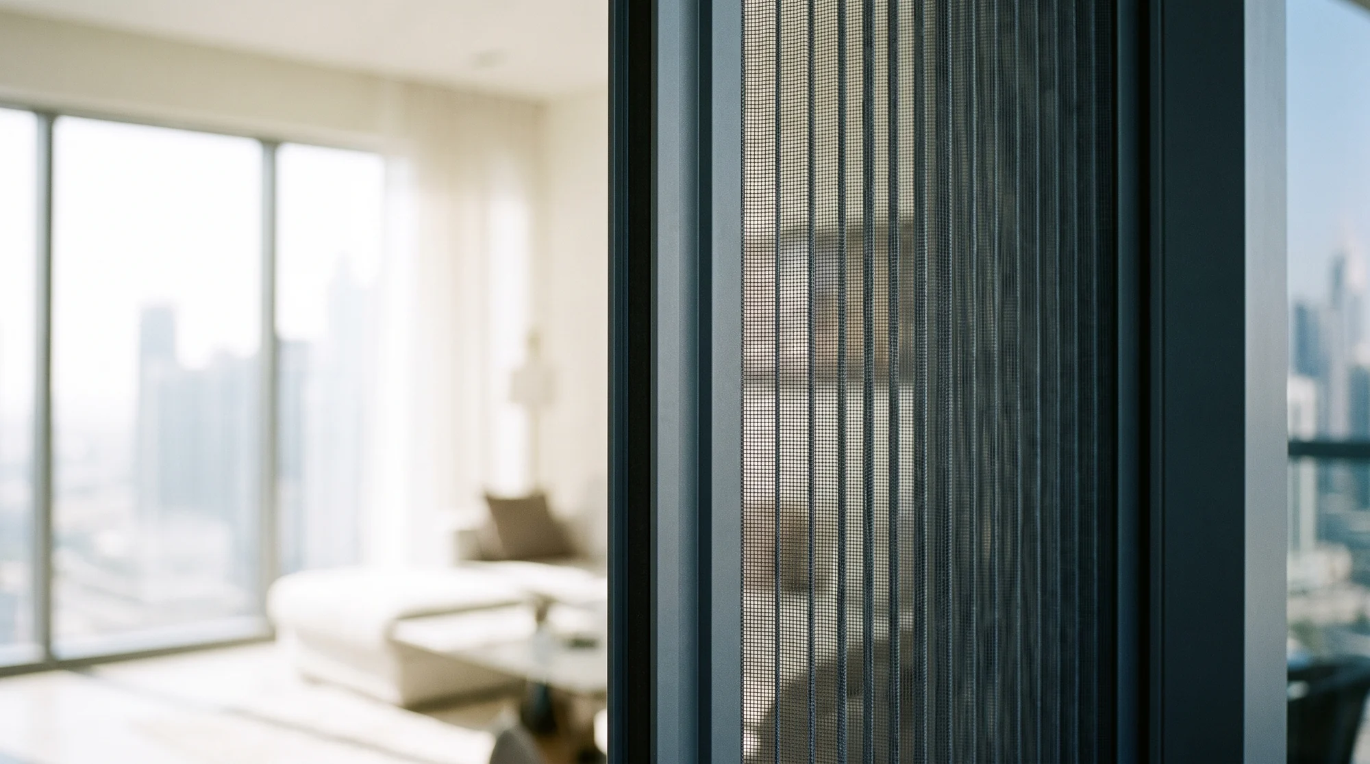 Pleated screen profile at the door jamb