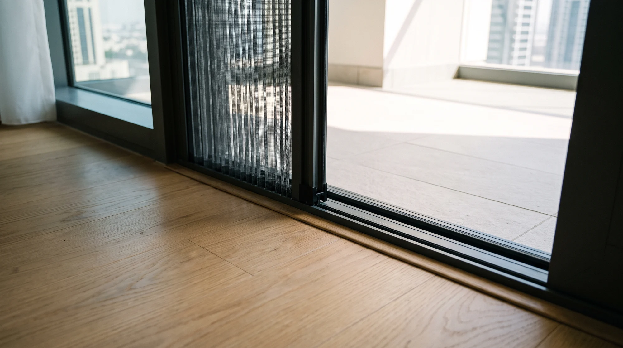 Low bottom track of a pleated screen at the threshold